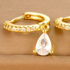 18K GOLD DIP HUGGIE HOOP CLEAR CUBIC ZIRCONIA EARRINGS WITH A CLEAR FAUX DANGLE